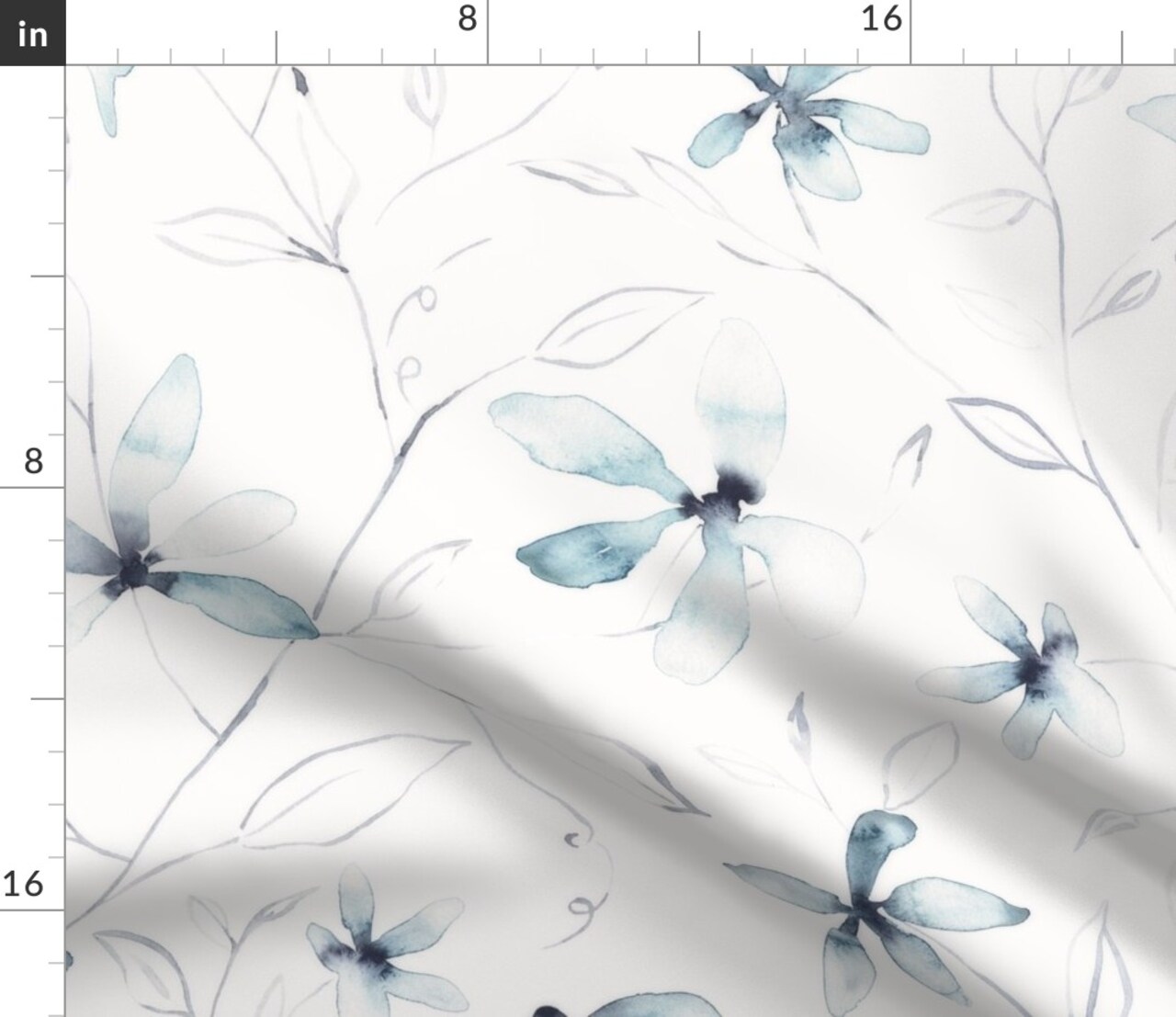 Blue White Watercolor Floral Light Feminine Custom Printed Fabric by Spoonflower Various Fabrics by the Yard or Fat Quarter